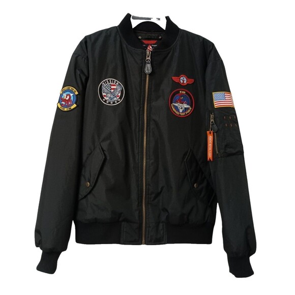 Bomber Jacket Black Mens Large Military Flight Patches Orange Lined Ribbed Cuffs - Picture 1 of 9